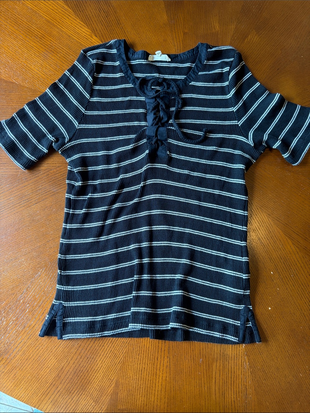 Madewell Black Striped Lace-Up Short Sleeve Top